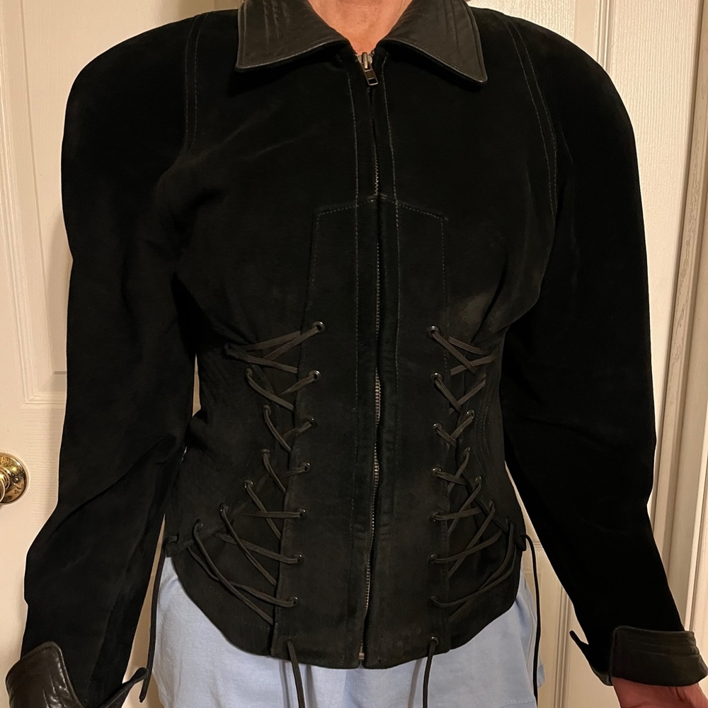 Black suede leather jacket, corset-style, by Holly Merritt of Santa Cruz,1993